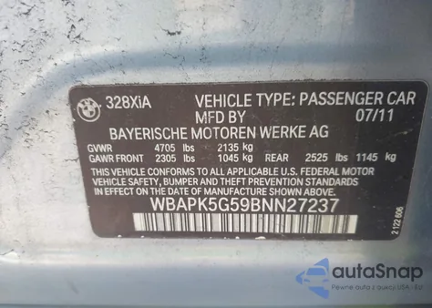 2011 BMW 328I xDrive from USA, damaged, VIN WBAPK5G59BNN27237